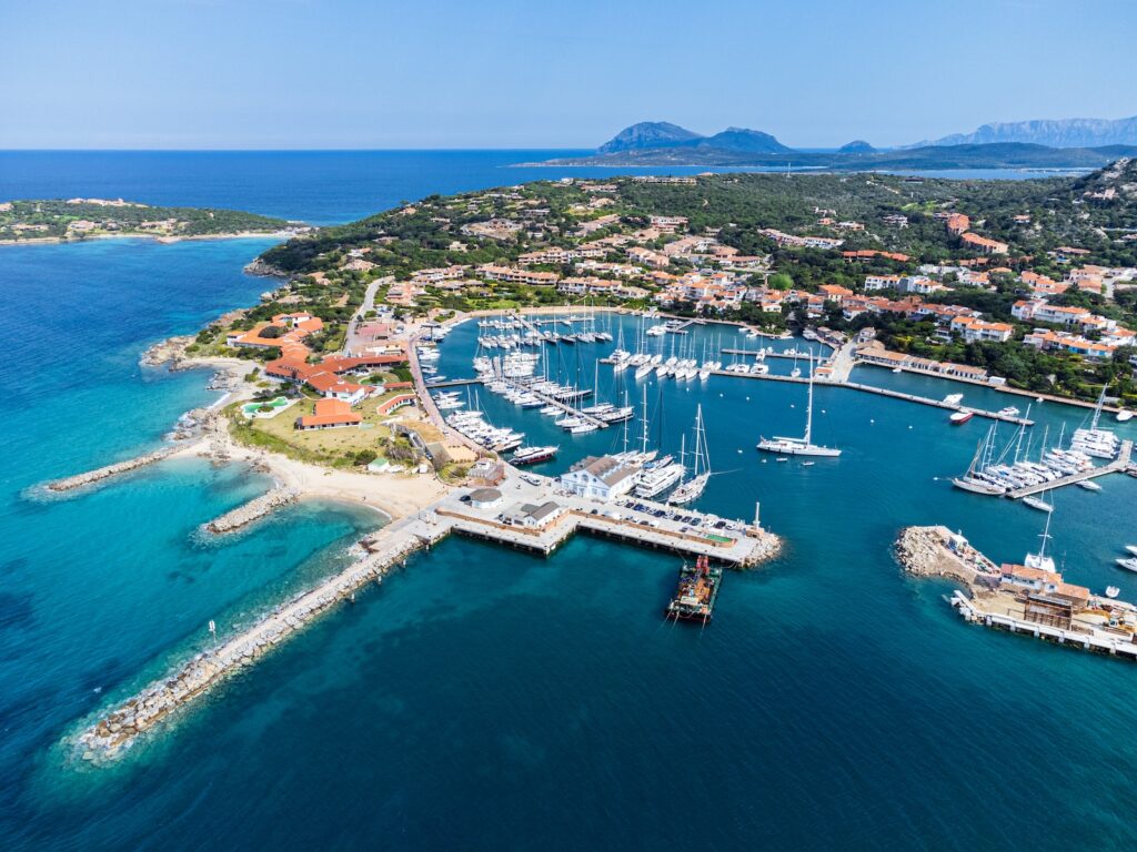 an aerial view of a marina with boats in the water